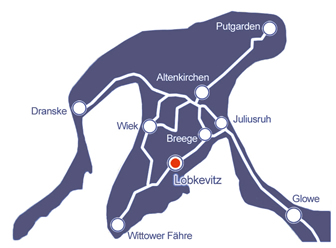 Landkarte von Halbinsel Wittow auf Rügen mit Kennzeichnung der Lage von Lobkevitz
